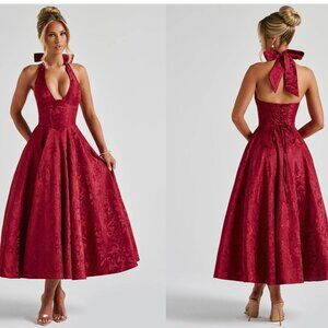 Halter Red Floral Dress with Pockets